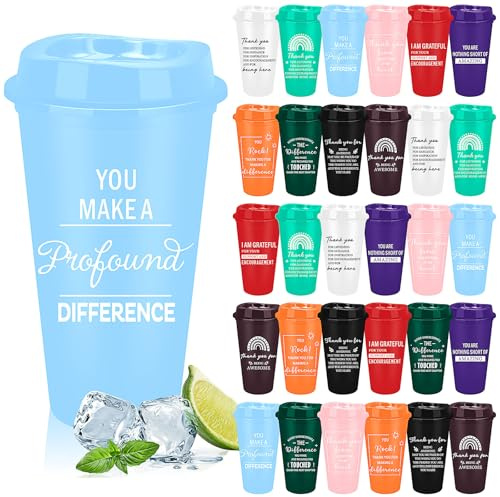 MSYU Lot de 30 tasses à café en plastique réutilisables avec couvercle pour femme, enseignante, collègue, personnel (470 ml, couleurs vives)
