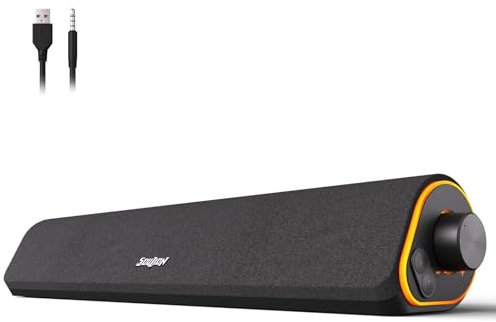 Soulion Altoparlante Bluetooth e 3,5 mm, funzionamento USB, luci colorate, soundbar per PC, laptop, tablet, monitor, smartphone, 42x7x9 cm, nero