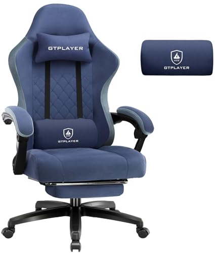 GTPLAYER Gamingstol tyg, gamingfåtölj med fickfjäderkudde, ergonomisk snurrstol, gamingstol med fotstöd 150 kg lastkapacitet, mörkblå