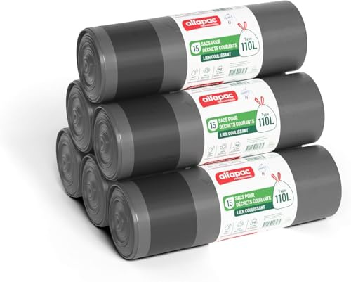 Alfapac professionnel - Carton de 180 sacs-poubelle 110L à lien coulissant - Ultra résistant - Etanche - 12 rouleaux de 15 sacs - Pour déchets courants