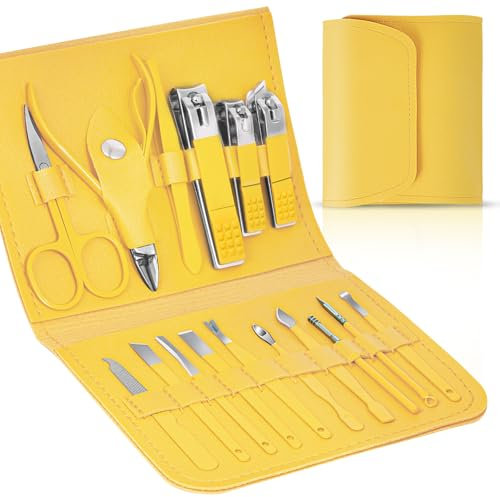 LOPHE Kit Tagliaunghie, 16 Pezzi Set per Pedicure, set di Bellezza Portatile con Lussuosa Custodia da Viaggio in Pelle, in Acciaio Inox, per Donne e Uomini (Giallo)