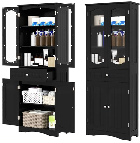 GIANTEX Badezimmerschrank, Hochschrank mit Schublade, 4 Türen & verstellbaren Abalgen, 60 x 30 x 160 cm, Aufbewahrungsschrank für Badezimmer, Flur, Küche & Wohnzimmer (Schwarz, mit Schublade)