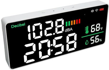 Ghzste LED -Schallpegelmessgerät, 4 in 1 Meter 11 Zoll LED -Anzeige, Hochgenauigkeitsthermometer -Hygrometeruhr, Einstellbare Helligkeit, 2000 -mAh für Tuya mit WLAN -Funktion