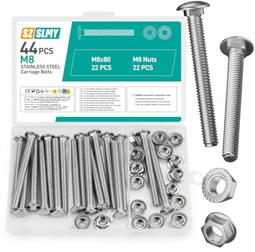 44 Stück Schlossschrauben M8 x 80mm, Edelstahl Torbandschrauben mit Sechskant Flanschmuttern, Flachrundkopfschrauben mit Vierkantansatz, Flachrundkopf Schloßschrauben mit Muttern Set(M8)