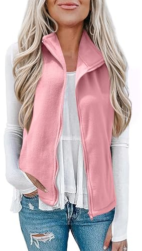 EFFAN Chaleco de forro polar para mujer, chaqueta suave sin mangas, chaleco con bolsillos con cremallera para primavera y otoño, rosa, M