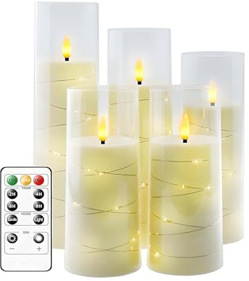 SOONHUA LED Kerzen mit Eingelassener Lichterkette, Batteriebetriebene Kerzen mit Fernbedienung und Timer, Beweglicher Flamme Kerzen für Weihnachtsdekoration Heimdekoration, Weiß, 5er-Set