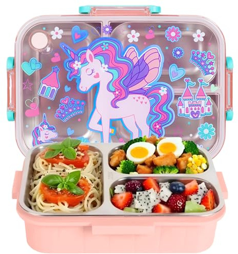 PinkSheep Brotdose Edelstahl mit 3 Fächern Lunchbox 800 ml für Kinder Personalisiert, BPA-freie, Auslaufsicher, Bento Box für Picknick Schulschüler Mittagessen Snack-Container (Einhorn)