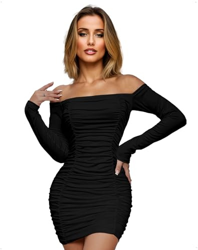 EMOTTOS Mini-Robe Sexy à Volants pour Femme, Robe Moulante à Manches Longues et épaules Dénudées, Robe de Cocktail Crayon Doublée Double épaisseur, Noir, S