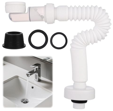 XSHAO® Siphon Lavabo Flexible Evacuation Evier 1 1/4, Tuyau Syphon Evier Réglable à 360 ° Siphon Gain de Place avec Serrure d'Odeur pour Lavabo Extensible 380-930 mm