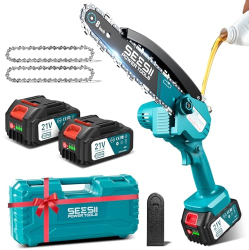 SEESII Akku Kettensäge 8 Zoll mit Akku 2x4000mAh und Ölsystem | Mini Kettensäge mit Akku mit Ersatzkette, Astsäge Akku Für Gartenarbeit und Brennholz, M8 Pro