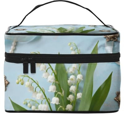 YXLymxDAMAI Bolsa de maquillaje de viaje con cuadrícula roja y blanca, bolsa de cosméticos de moda con gran capacidad para viajes, gimnasio y camping, Lirio del valle y perla, Talla única