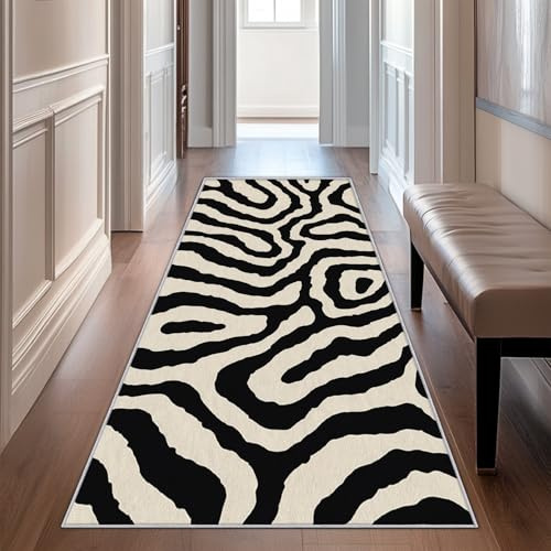 Generisch Läufer Flur Schwarz Weiß Linie, Waschbarer Teppich Läufer Abstrakt Textur 60x120, Küchenteppich, Eingangsbereich, Bettvorleger, Schlafzimmer Deko, rutschfest, Kurzflor i1914