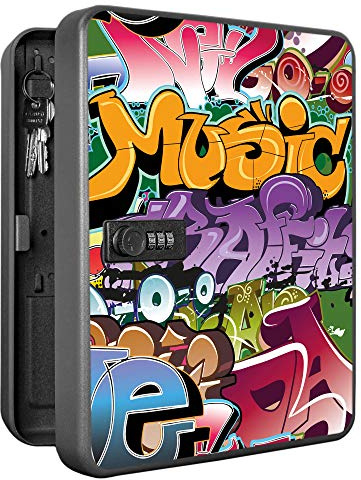banjado Burg-Wächter abschließbarer Schlüsselkasten für 36 Schlüssel - Schlüsselkasten mit Zahlenschloss 24x30x8cm groß - Schlüsselschrank aus Stahlblech schwarz - Motiv Graffiti