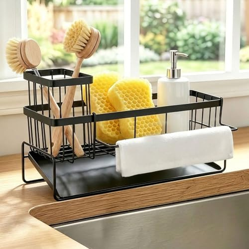 Hbzunt Sink Organiser Kitchen Sponge Holder, Stainless Steel Sink Organiser with Dishcloth Holder and Storage Box, Sink Organiser for Counter, Black