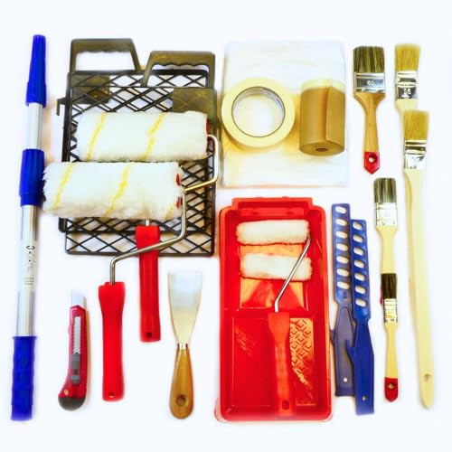 ROTIX Komplettes Malerset | 20-teilig für Anstrich von Wand und Decke | Farbroller Pinsel Abdeckfolie Klebeband Teleskopstange und praktische Helfer