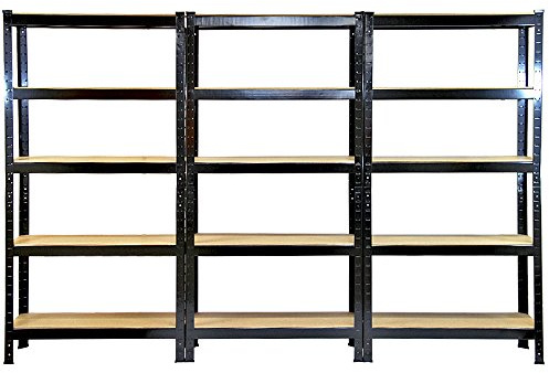 3 Estanterías Metálicas Negras Sin Tornillos T-Rax 75x150x30cm de 5 Estantes con Mazo de Goma GRATIS Capacidad Peso 150kg por Estante Almacenaje Herramientas Taller Garaje Estanterias Metalicas