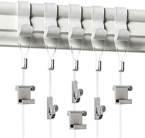 PHS Lot de 5 systèmes de suspension pour rail à photos avec crochets de moulage blancs, fil invisible et crochets réglables – Système de suspension artistique professionnel pour murs