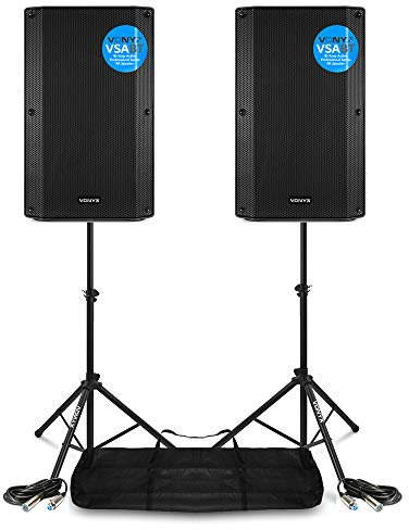 VONYX VSA15BT Active PA Speaker System with Stands & Cables - 2x 15 Inch 1000W Bluetooth DJ Speakers, Portable Sound System Bundle for Live Music, DJs & Events