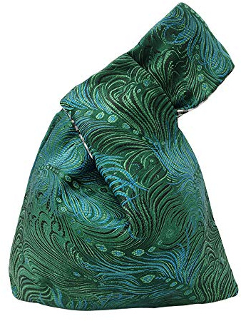 BAR Stylish Cotton Japanese Pattern Wrist Bag Sleeve Knot Pouch Portable Canvas Tote Purse for Female, Women (Green Feathers)