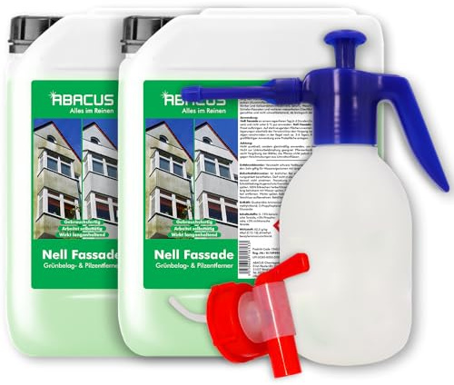 ABACUS® Fassadenreiniger mit Sprühflasche, Grünbelagentferner für Fassaden, Putz & Hauswände – Entfernt selbsttätig Pilze, Flechten & Algen von Fassaden – Nur 0,1L pro m², Nell Fassade 10 Liter (7591)