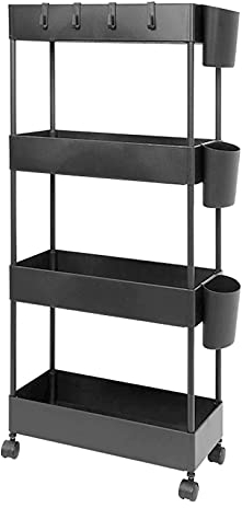 BOMKEE 4-stöckiger Aufbewahrungswagen mit ausziehbarem Rollwagen, mobiles Regal, Trolley, Organizer, Rollwagen auf Rädern, für Küche, Badezimmer, Waschküche, Büro (schwarz)