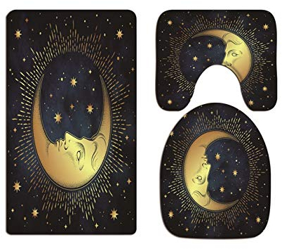 A.Monamour Badezimmer Badematte 3 Teilig Set Dunkler des Goldenen Halbmondes Antiken Stils Der Sterne Flanell WC Toilette Deckel Deckt Bad Matte Teppich Badteppiche Badvorleger Badgarnitur Vorleger