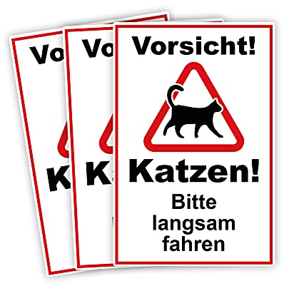 STROBO 3 Stück Vorsicht! Katzen! Bitte langsam fahren Hinweisschild | Stabile 3mm Hartschaumplatte als 30x20cm Schild mit UV-Schutz für den Außenbereich