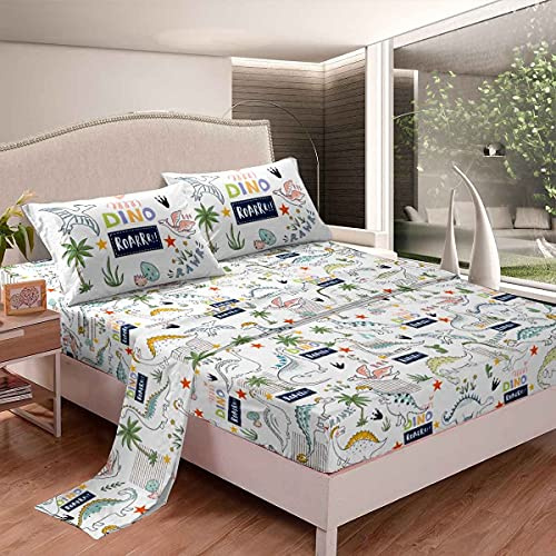 Juego de sábanas de Dinosaurio para niños pequeños, tamaño Individual, 3 Piezas, Juego de sábanas bajeras de Dinosaurio de Dibujos Animados para niños, Juegos de Ropa de Cama Coloridos de Animales de