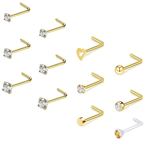 ZS 12 Pcs 20G Kubik Zirkonia Nase Ringe Stud Korkenzieher L-förmig Gold | Chirurgischer Stahl Silber Nase Piercing Schmuck, hypoallergene CZ Herz Kugel Nase Piercing Schmuck für Frauen Männer