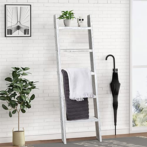 Natsukage Decke Leiter Rustikale Holzleiter Bauernhaus Decke Leiter Dekorative Leiter Regal für Wohnzimmer Badezimmer Schlafzimmer Wand Anlehnung Leiter Regal Ständer (160 x 55,9 cm, weiß gewaschen)