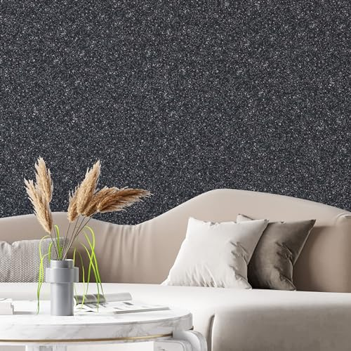 Belka B47 Glänzende Schwarze Tapete - Reine Baumwolle & mineralischer Glimmerstein - selbstklebend - Wärme- & schalldämmend - Modern & stilvoll, DIY Öko & Natürlich | ca 3 qm (m²)
