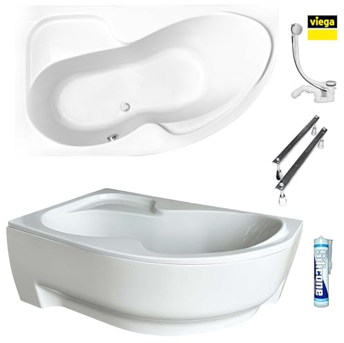 ECOLAM Vasca da bagno WELA 150 x 100 cm, grembiule sinistro | vasca con rivestimento antiscivolo I vasca angolare + scarico Alcaplast piedini in silicone set completo acrilico bianco