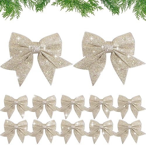 12pcs Large Champagne Bows for Christmas Tree Decorations Glitter Decorative Bow for Christmas Tree Decorations Ornaments (Champagne)