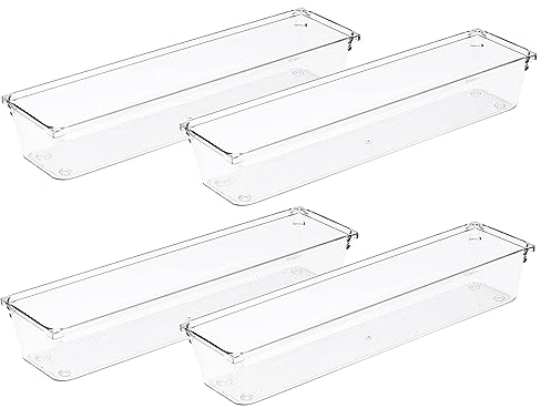 Amtido 4 Pack Drawer Organisers - Sturdy Clear Plastic - Versatile Storage for Kitchen, Bathroom, Utensils, Makeup, Office, and Desk Accessories (7.6cm x 30.5cm x 5.1cm)