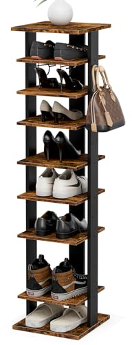 Frylr Vertikales Schuhregal, 8-stufiger Schuhaufbewahrungs-Organisator mit Haken, hoher Schuhturm, schlankes stehendes Schuhregal, Cubby-Schuhaufbewahrung für Eingang/kleine Räume/Schrank(rustikales)