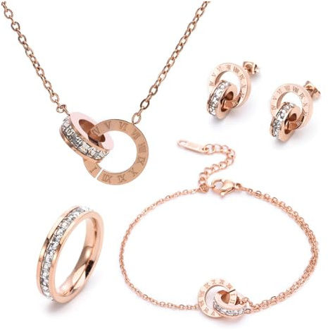 RPAEOY Conjuntos de Joyas para Mujer y Niñas Números Romanos Circón Acero Inoxidable Chapado en Oro Plata Colgante Collar Pendientes Pulsera Anillo Fiesta Boda Nupcial Dama de Honor (Oro rosa)