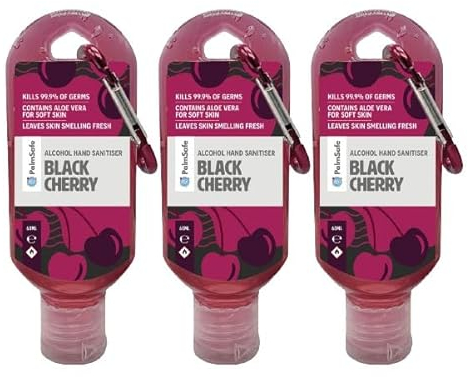 Palm Safe Black Cherry 3 Pack 60ml Anti Bacterial Premium Hand Sanitiser Travel Size Refillable Clip Bottle Quick Drying Non Sticky Extra Moisturising Kills 99.9% of Viruses and Bacteria
