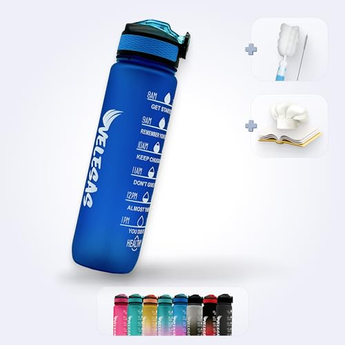 Velesas® 1l Wasserflasche mit motivierender Zeitmarkierung | Trinkflasche aus Tritan mit Strohhalm | Sportflasche für Schule, Arbeit, Fitnessstudio, Büro, Fahhrad, Wandern | BPA-Frei | Blau