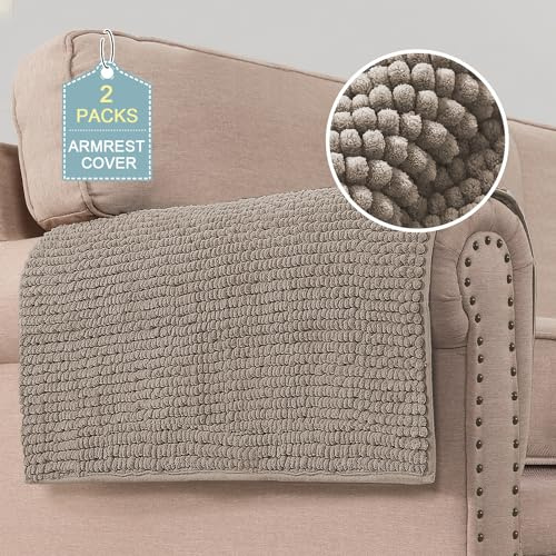 H.VERSAILTEX Plush Chenille Couch Armrest Cover 2 Packs Thick and Soft Sofa Covers Furniture Protector Cover for Pets (27.5 x 27.5, Taupe)