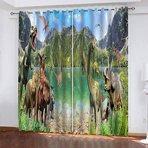 MAYNUO Blickdichte Vorhänge Mit Motiv 3D Tier Dinosaurier Typen Kinder Gardinen Blickdicht Ösen Gardine Thermo 264x214 cm Schlafzimmer Kinderzimmer Vorhänge Dekoratives Muster, Verdunklungsvorhänge