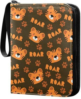 Tigers Cute Paw Prints Sammelkartenalbum 4 Taschen Kartenordner 50 Seiten 400 Karten PU Reißverschluss Kartenbinder Aufbewahrungshalter für Sportspielkarte