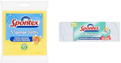 Spontex Sponge Cloths, 5 Count (Pack of 1) & Washups Non Scratch Sponge Scourers, Pack of 4