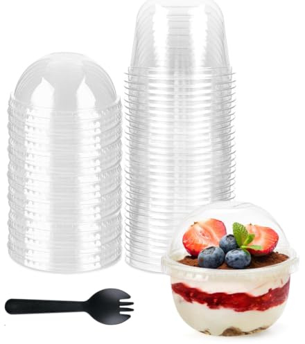 Hniuyun 50 Pack 8oz Dessert Cups with Dome Lids and Sporks Reusable