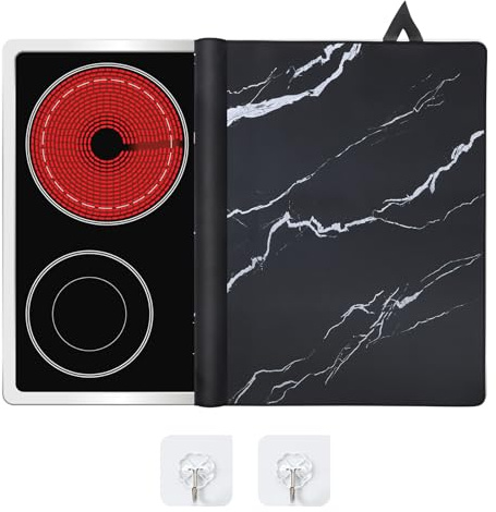 LIFEDYLUK Tapete de Inducción 62x53cm, Protector contra Salpicaduras para Placas de induccióncon 2 Ganchos, Almohadilla para Placa de inducción Antideslizante con patrón de Gato (Mármol)