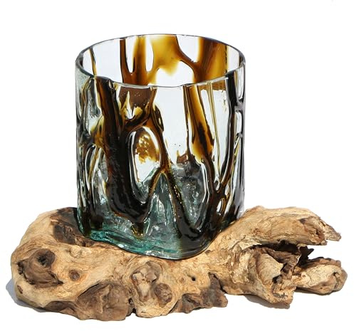 Wogeka - Designer Glas-Vase Gloria auf Wurzel-Holz als Maritime Mediterrane Deko Geschenk-Idee zu Weihnachten Geburtstag (Gloria L.br (Ø Glas 15-16 cm))