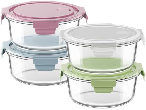 30oz Glass Meal Prep Containers with Lids, Airtight 3.75 Cup Food Storage Containers Set, Heat-Resistant BPA-Free Glass Containers for Soup Leftover, Microwave, Dishwasher, and Freezer Safe (4 Packs)