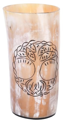 Battle-Merchant Wikinger Trinkbecher, Horn, Yggdrasil Motiv, ca. 250 ml | Hornkrug Graviert, Lebensmittelecht, Naturhorn, Poliert, Rinderhorn, Mittelalter, Met, Becher, Reenactment, LARP