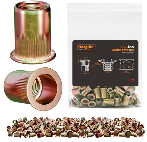 Écrous HANGLIFE à Sertir M6 acier au carbone (100 Pièces) - Servir, Corps nervuré, Plaqué zinc, Écrous d'insertion fileté