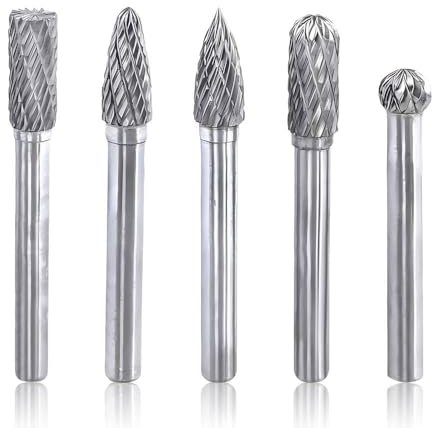 Treki 5 Stück Verstärkte Hartmetall Frässtifte Bits Set mit 6mm Schaft 8mm Schleifkopf Hartmetallfräser mit Doppelschnitt Holzfräser für Bohrmaschine, Wolframstahl Metallfräser für Akkuschrauber