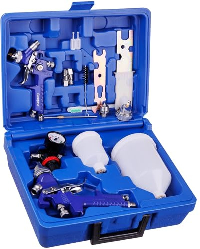 HVLP - Set di 2 pistole a spruzzo H-827 + H-2000P 0,8 1,4 1,7 mm, con valigetta SICOPRO